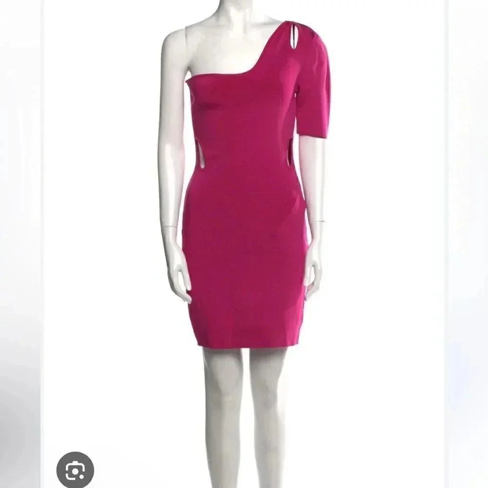 PAOLA BERNARDI pink one shoulder mini knit bodycon stealth dress with cut outs